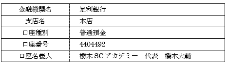 ※お振り込みの際は、必ず振込者名の頭に「LS（レディースセレクション）」を付けてください。
 （例：LSトチギハナコ）

【振込期限】　
2017年12月5日（火）15：00まで
※お振り込み時の控えは、こちらから確認の連絡をする場合がございますので、セレクション終了まで各自大切に保管しておいてください。
 
  
【申込方法】　
参加をご希望する方は、参加申込書に必要事項をご記入の上、事務局もしくは郵送にてお申し込みください。申込書は、下記URLからダウンロードしてご使用ください。
☆申し込み書のダウンロードはこちら☆
 
  
【申込期限】　
2017年12月5日（火）まで
  
※お申込みいただいた住所、氏名などの個人情報につきましては、当案件のご連絡、ご案内のみに限定し、使用させていただきます。
 
  
【その他】　　
セレクション風景の写真・ビデオ撮影・ブログ等への投稿については、選手等のプライバシー上の問題もありますのでお控えいただきますよう、よろしくお願いいたします。
 
  
【問い合わせ先】
  
〒320-0024　栃木県宇都宮市栄町1-15　栃木県開発センター4F
  
TEL　028-600-1011　（担当：犬丸）
※火～金　13：00～17：00（祝日・臨時休業日を除く）
