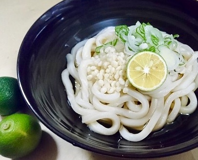 【ぶっかけうどん～徳島産すだちを乗せて～】・徳島の特産品といえばすだち！うどんにギュッと絞ってお召し上がり下さい。爽やかなすだちの香りで、サッパリとした味わいのうどんです。■価格：600円■販売店舗：なすのまきうどん(ファンエリア)